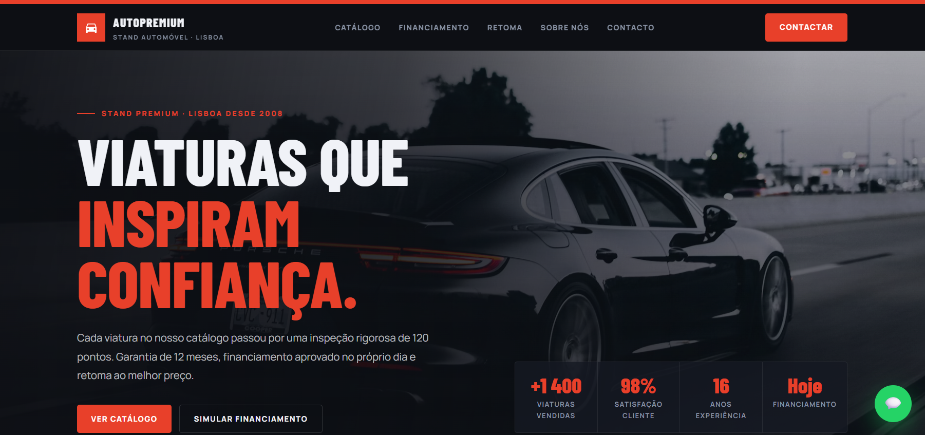 Demonstração premium de website para stand automóvel