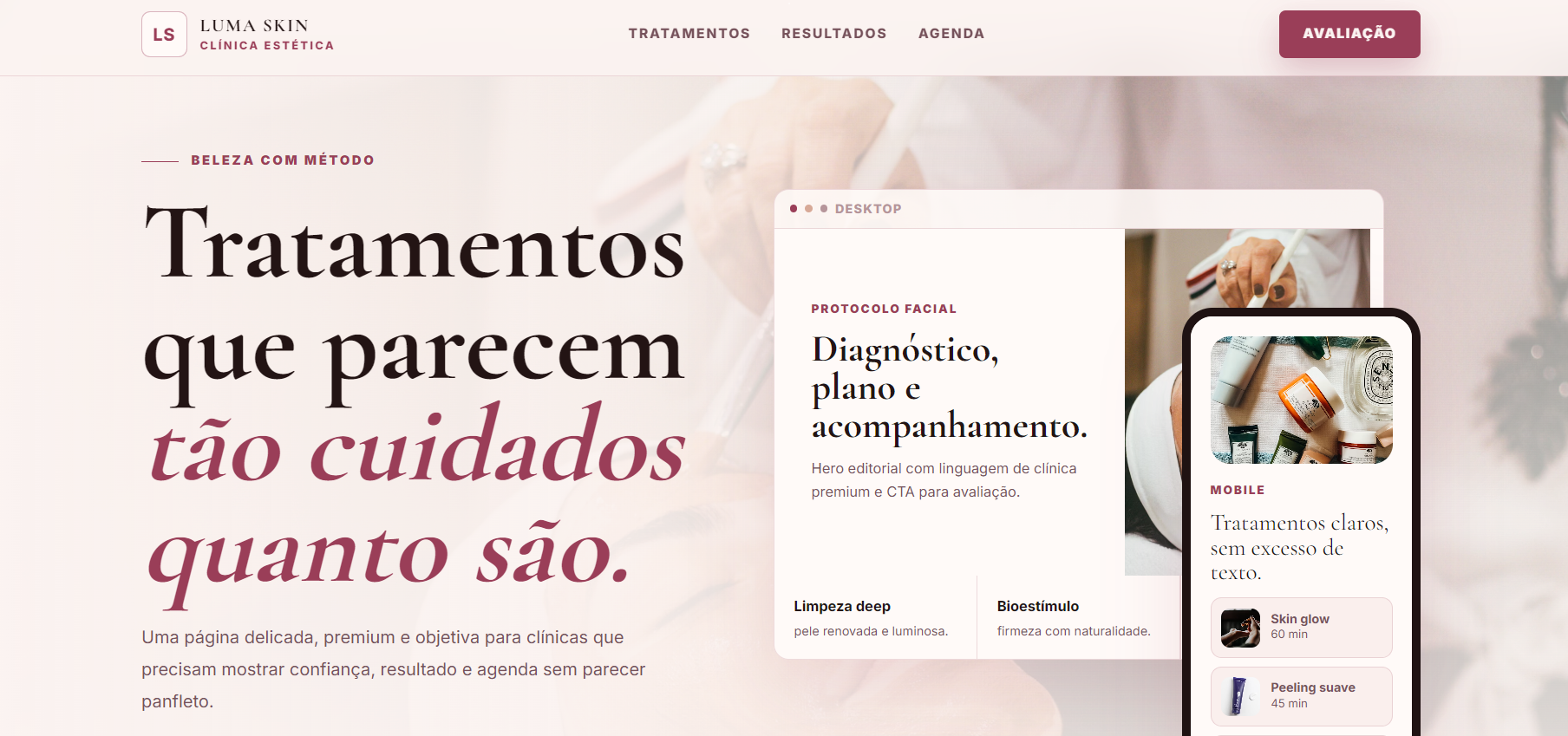 Demonstração premium de website para clínica estética