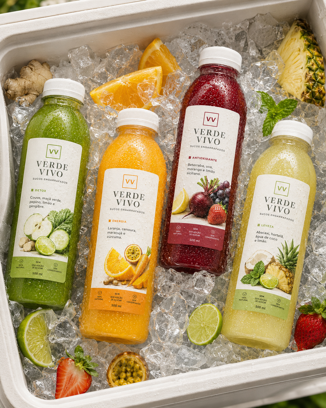 Garrafas Verde Vivo sobre gelo com frutas frescas
