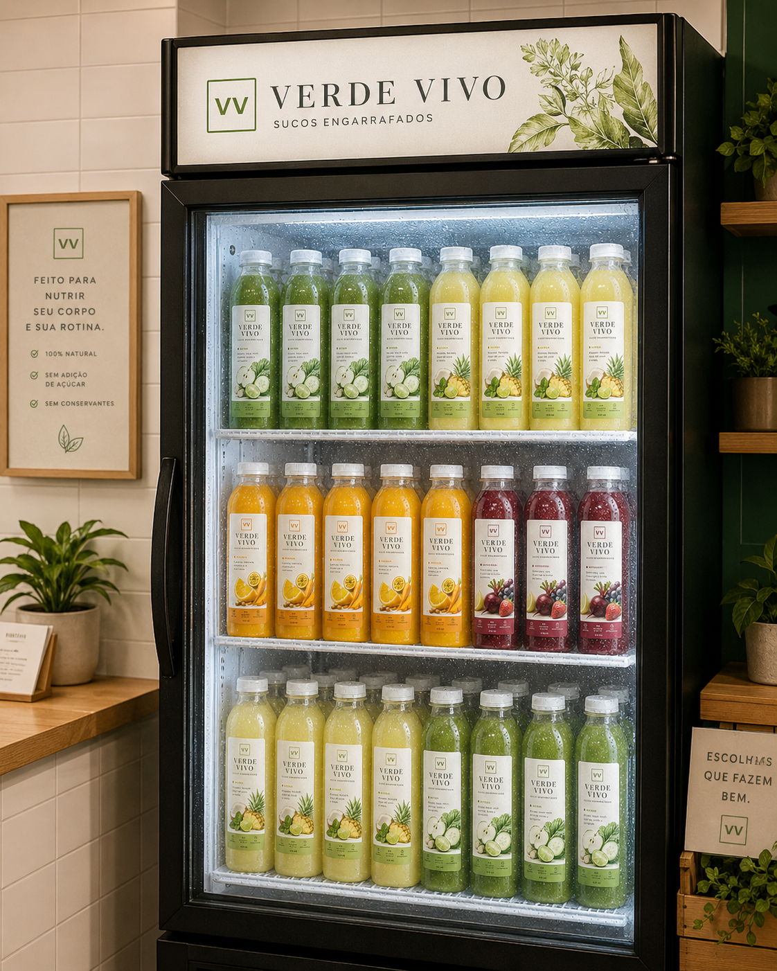 Geladeira de ponto de venda com garrafas Verde Vivo
