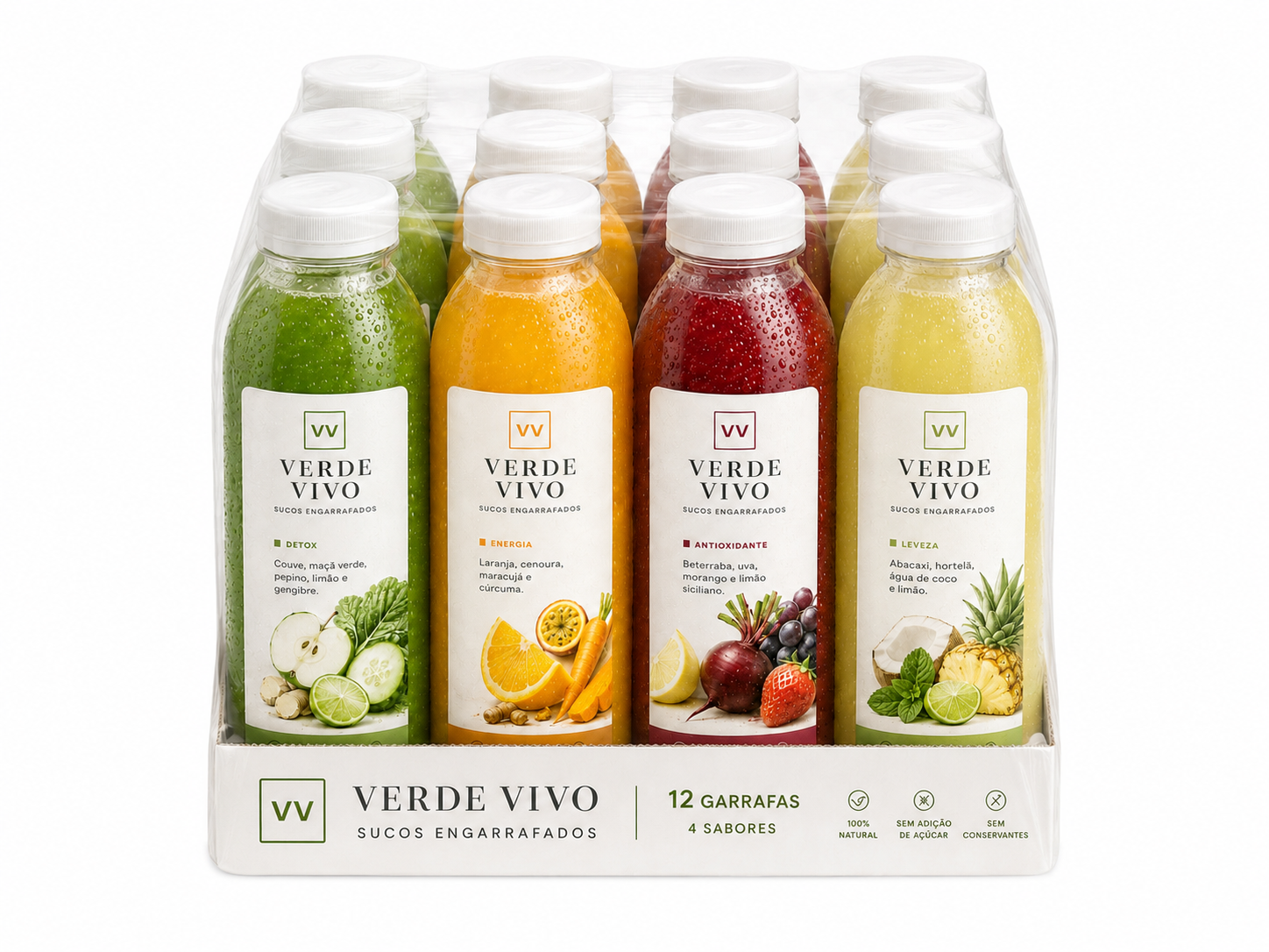 Caixa Verde Vivo com 12 garrafas e quatro sabores naturais